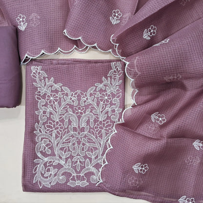 Mauve fancy kota unstitched salwar material,embroidery work on yoke,(Lining Needed)spun cotton bottom, embroidery work on kota dupatta. MY263109