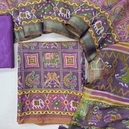 Dark mauve shade ikat printed fancy silk unstitched salwar material(silky fabric, lining needed)silky bottom,printed full length fancy silk dupatta(REQUIRES TAPINGS). MY263104