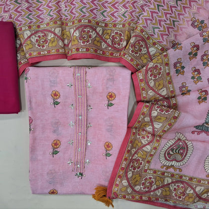 Pastel pink chanderi silk cotton unstitched salwar material,sequins work on yoke,printed on front,(lining needed)pink bottom,digital printed chanderi silk cotton dupatta. MY263102