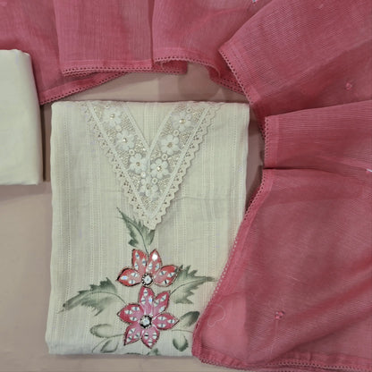 Off white base pure cotton unstitched salwar material,V neck with embroidery and lace work,brush paint and real mirror on front, (lining needed)cotton bottom, real mirror work on supernet dupatta. MY263107