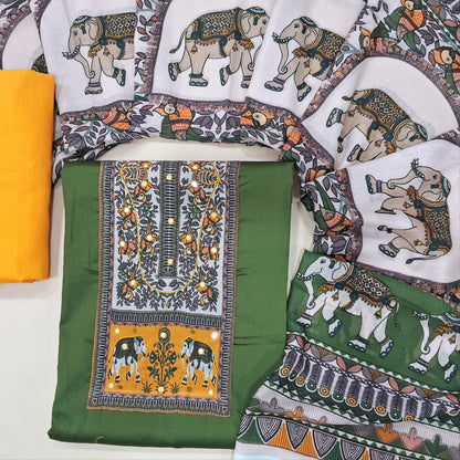 Dark leafy green satin cotton unstitched salwar material, printed yoke with faux mirror work on yoke (lining optional)yellow cotton bottom,digital printed soft silk cotton dupatta(TAPPING NEEDED). MY263115