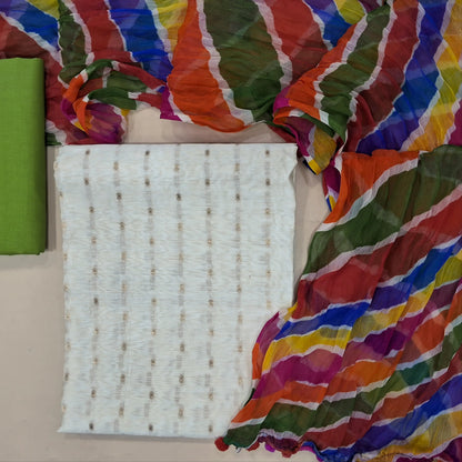Ivory base benarasi buttas silk cotton unstitched salwar material (lining needed)green cotton bottom,multicolor fancy chiffon stole. MY263114