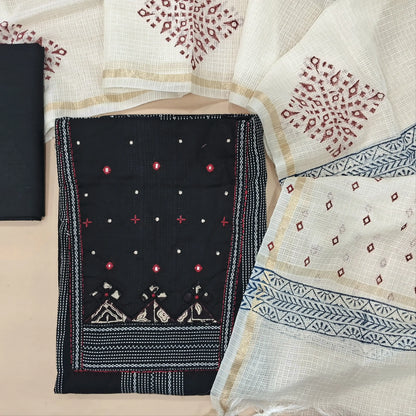 Black cotton unstitched salwar material,applique and mirror work on yoke, (lining optional)cotton bottom, block printed kota dupatta. MY263112