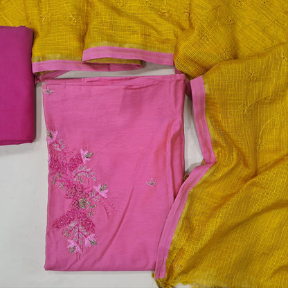 Pink fancy silk cotton unstitched salwar material, bead work on yoke (Lining Needed) embroidery and bead work on front, pink bottom, fancy kota contrast dupatta with embroidery. MY263117