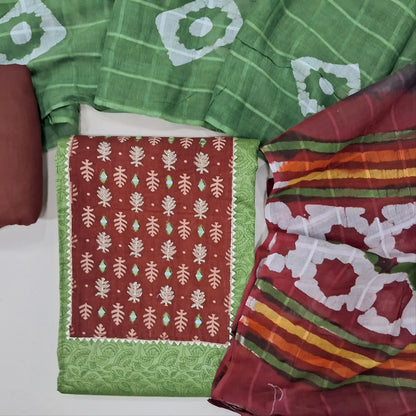 Leafy green digital printed cotton unstitched salwar material, contrast yoke with mirror work (Lining Optional) Contrast cotton bottom, multicolor soft cotton dupatta. MY263120