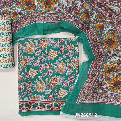 Teal green floral printed pure cotton unstitched salwar material,(lining optional)printed cotton bottom, block printed pure mul cotton dupatta. (TAPINGS NEEDED, INCONSISTENT PRINTS ARE NOT DEFECTS)JN260912