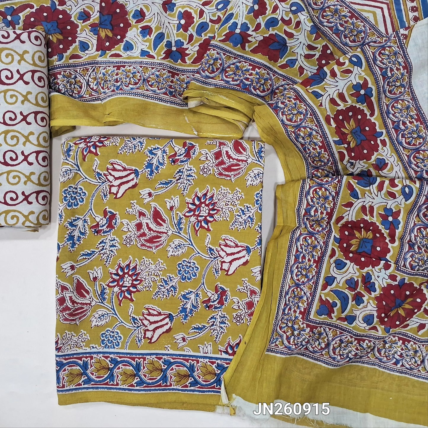 Mehandhi green floral printed pure cotton unstitched salwar material,(lining optional)printed cotton bottom, block printed pure mul cotton dupatta. (TAPINGS NEEDED, INCONSISTENT PRINTS ARE NOT DEFECTS)JN260915