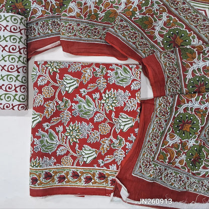 Reddish maroon floral printed pure cotton unstitched salwar material,(lining optional)printed cotton bottom, block printed pure mul cotton dupatta. (TAPINGS NEEDED, INCONSISTENT PRINTS ARE NOT DEFECTS)JN260913