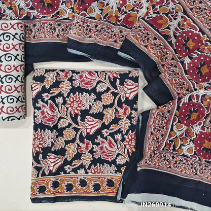 Black floral printed pure cotton unstitched salwar material,(lining optional)printed cotton bottom, block printed pure mul cotton dupatta. (TAPINGS NEEDED, INCONSISTENT PRINTS ARE NOT DEFECTS)JN260914