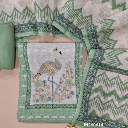 Sage green printed premium linen salwar material (textured, lining needed)sugar bead and thread embroidery work on yoke,spun cotton bottom, digital printed premium linen dupatta. JN260614