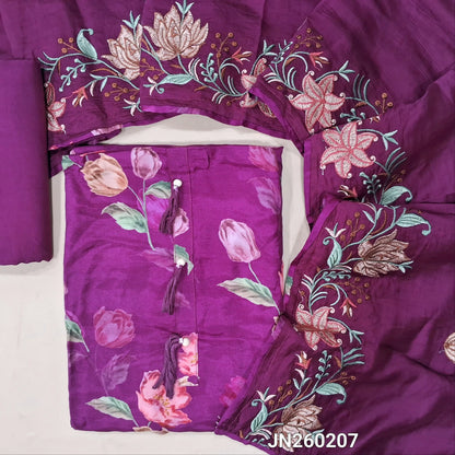 Designer bright purple pure soft malai silk unstitched salwar material,tasseles work on yoke( shiny,lining needed) floral printed all over,matching santoon bottom, rich embroidery work on soft silk cotton dupatta. JN260207