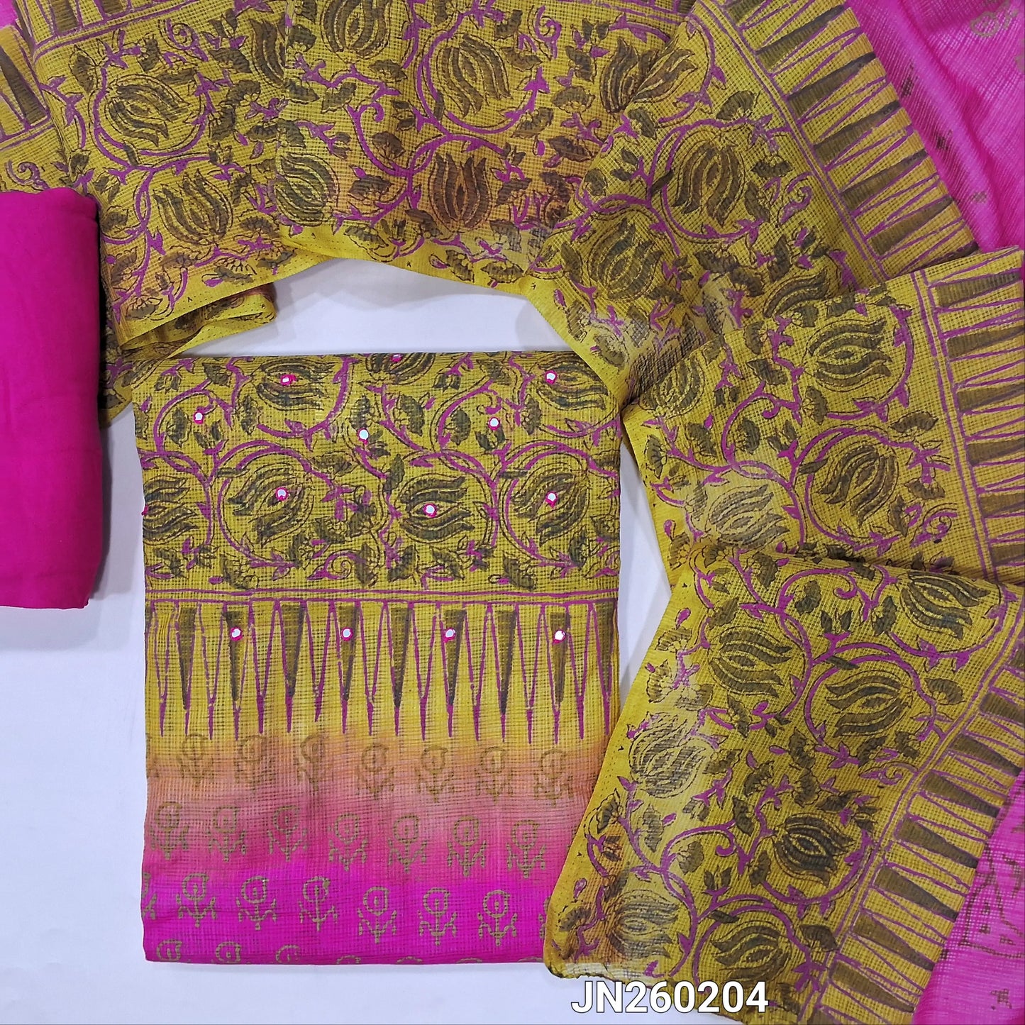 PREORDER SHIPPING AFTER 15 DAYS Bright pink & mehandhi green block printed kota unstitched salwar material,faux mirror work on yoke(Lining Needed) spun cotton bottom,hand block printed dual shaded kota dupatta. JN260204