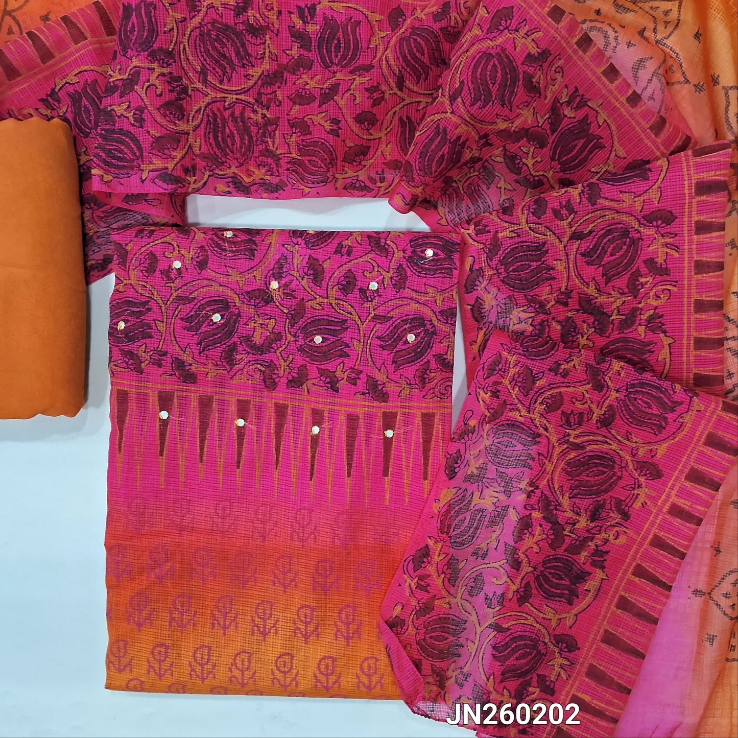 PREORDER SHIPPING AFTER 15DAYS Pink & orange block printed kota unstitched salwar material,faux mirror work on yoke(Lining Needed) spun cotton bottom,hand block printed dual shaded kota dupatta. JN260202