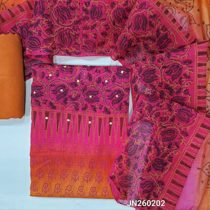 PREORDER SHIPPING AFTER 15DAYS Pink & orange block printed kota unstitched salwar material,faux mirror work on yoke(Lining Needed) spun cotton bottom,hand block printed dual shaded kota dupatta. JN260202