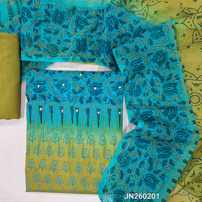 PREORDER SHIPPING AFTER 15 DAYS Blue & mehandhi green block printed kota unstitched salwar material,faux mirror work on yoke(Lining Needed) spun cotton bottom,hand block printed dual shaded kota dupatta. JN260201
