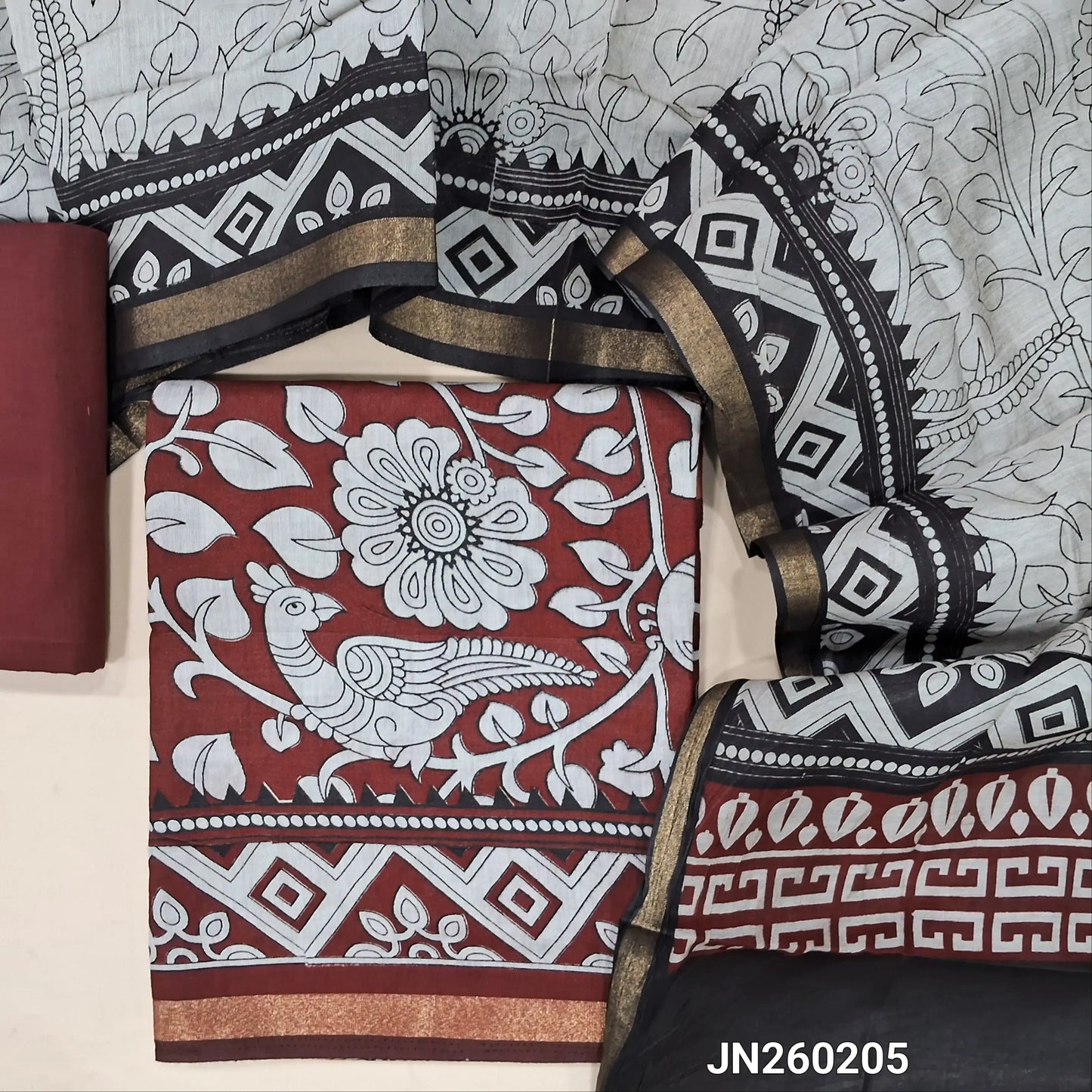 Dark maroon kalamkari printed soft fancy silk cotton unstitched salwar material, printed all over (Soft, Lining Needed, Thin) maroon pure cotton bottom, digital printed soft silk cotton full length dupatta (TAPINGS NEEDED).JN260205