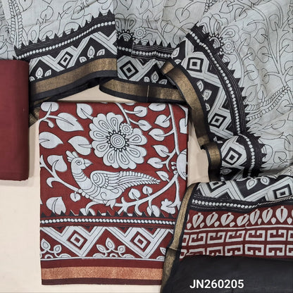 Dark maroon kalamkari printed soft fancy silk cotton unstitched salwar material, printed all over (Soft, Lining Needed, Thin) maroon pure cotton bottom, digital printed soft silk cotton full length dupatta (TAPINGS NEEDED).JN260205