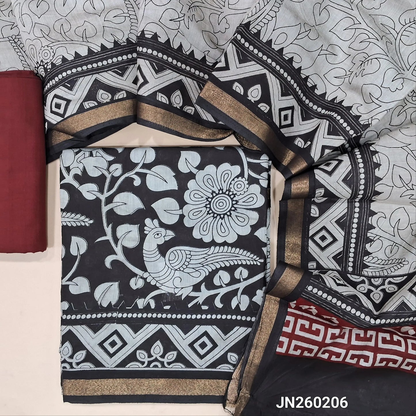 Black kalamkari printed soft fancy silk cotton unstitched salwar material, printed all over (Soft, Lining Needed, Thin) maroon pure cotton bottom, digital printed soft silk cotton full length dupatta (TAPINGS NEEDED).JN260206