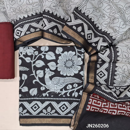 Black kalamkari printed soft fancy silk cotton unstitched salwar material, printed all over (Soft, Lining Needed, Thin) maroon pure cotton bottom, digital printed soft silk cotton full length dupatta (TAPINGS NEEDED).JN260206