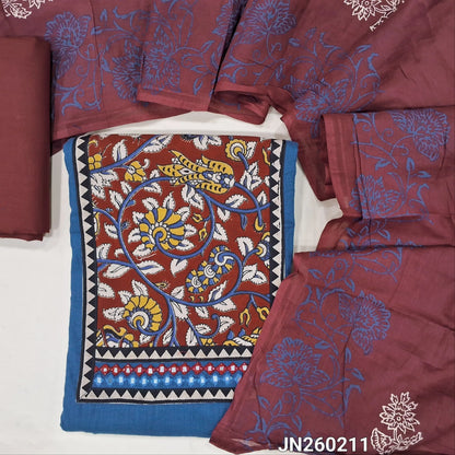 Teal blue pure cotton unstitched salwar material,hand block printed kalamkari yoke patch with faux mirror work,(lining needed)maroon cotton bottom,hand block printed mul cotton dupatta. JN260211