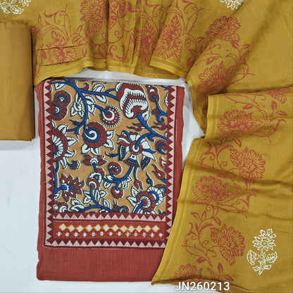Brick red pure cotton unstitched salwar material,hand block printed kalamkari yoke patch with faux mirror work,(lining needed)mehandhi yellow cotton bottom,hand block printed mul cotton dupatta. JN260213