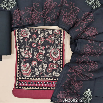 Dark pink pure cotton unstitched salwar material,hand block printed kalamkari yoke patch with faux mirror work,(lining needed)black cotton bottom,hand block printed mul cotton dupatta. JN260212