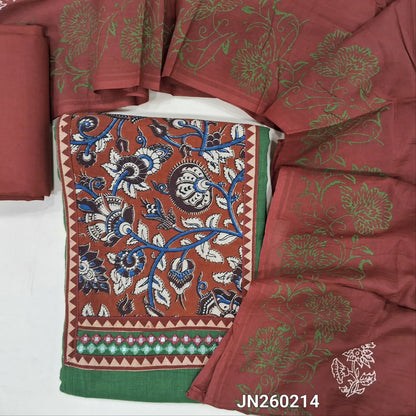 Green pure cotton unstitched salwar material,hand block printed kalamkari yoke patch with faux mirror work,(lining needed)maroon cotton bottom,hand block printed mul cotton dupatta. JN260214