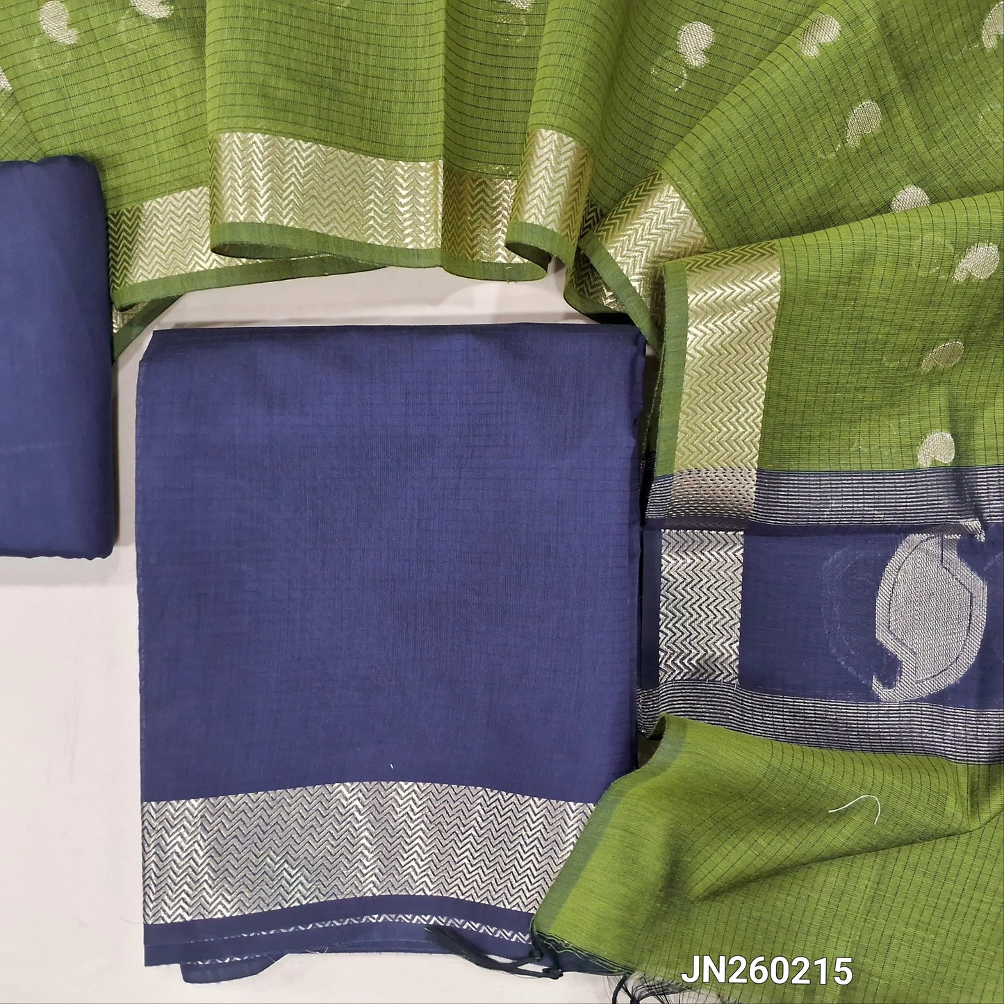Dark blue maheshwari silk cotton unstitched salwar material( soft,lining needed) benarasi zari woven borders,matching silk cotton bottom, Maheshwari silk cotton zari buttas dupatta with pallu. JN260215