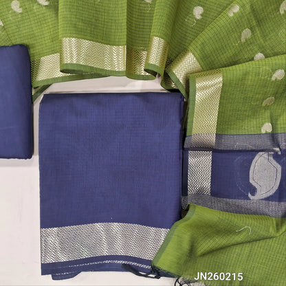 Dark blue maheshwari silk cotton unstitched salwar material( soft,lining needed) benarasi zari woven borders,matching silk cotton bottom, Maheshwari silk cotton zari buttas dupatta with pallu. JN260215