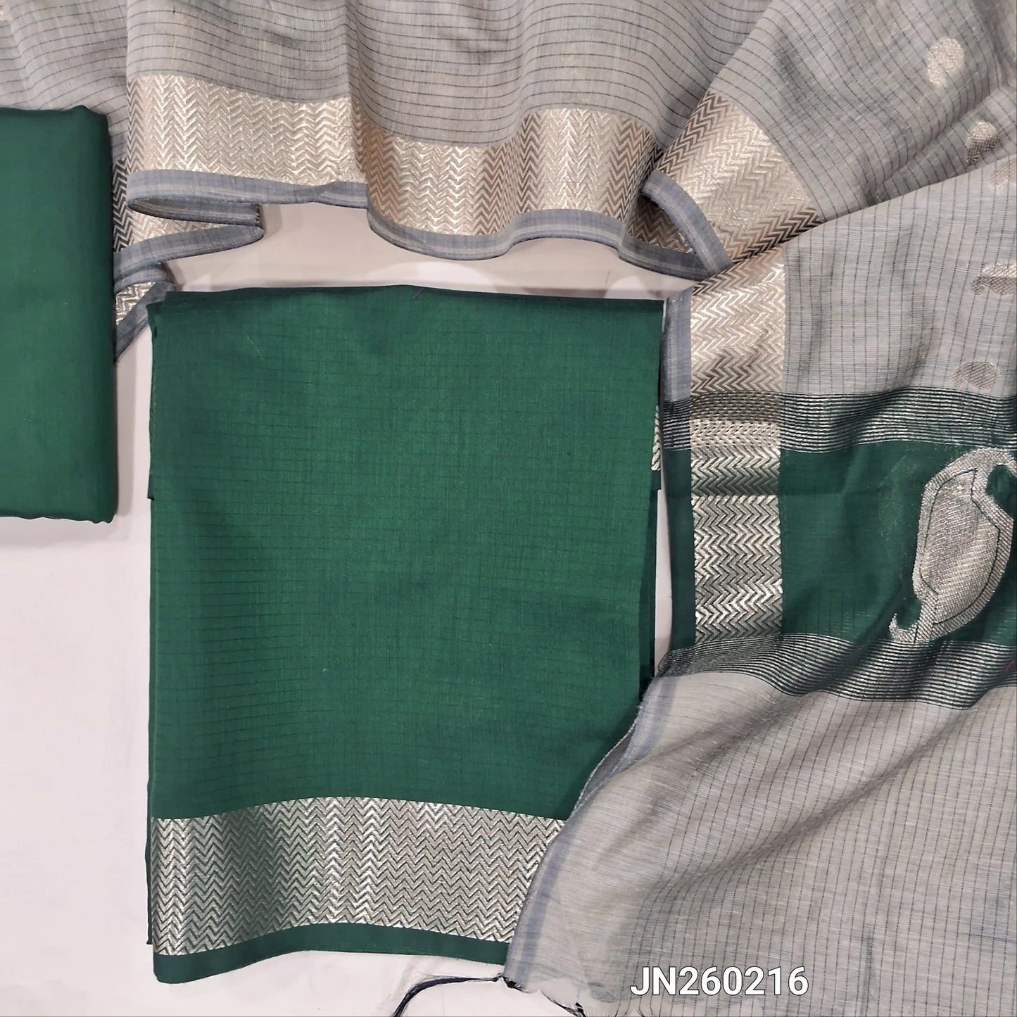 Dark green maheshwari silk cotton unstitched salwar material( soft,lining needed) benarasi zari woven borders,matching silk cotton bottom, Maheshwari silk cotton zari buttas dupatta with pallu. JN260216