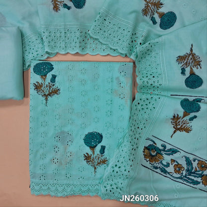 Pastel blue schiffli embroidered soft glazed cotton unstitched salwar material(lining needed) block prints,cut work & self embroidery work on front, cotton bottom,block printed & schiffli embroidered mul cotton dupatta with scallop borders. JN260306