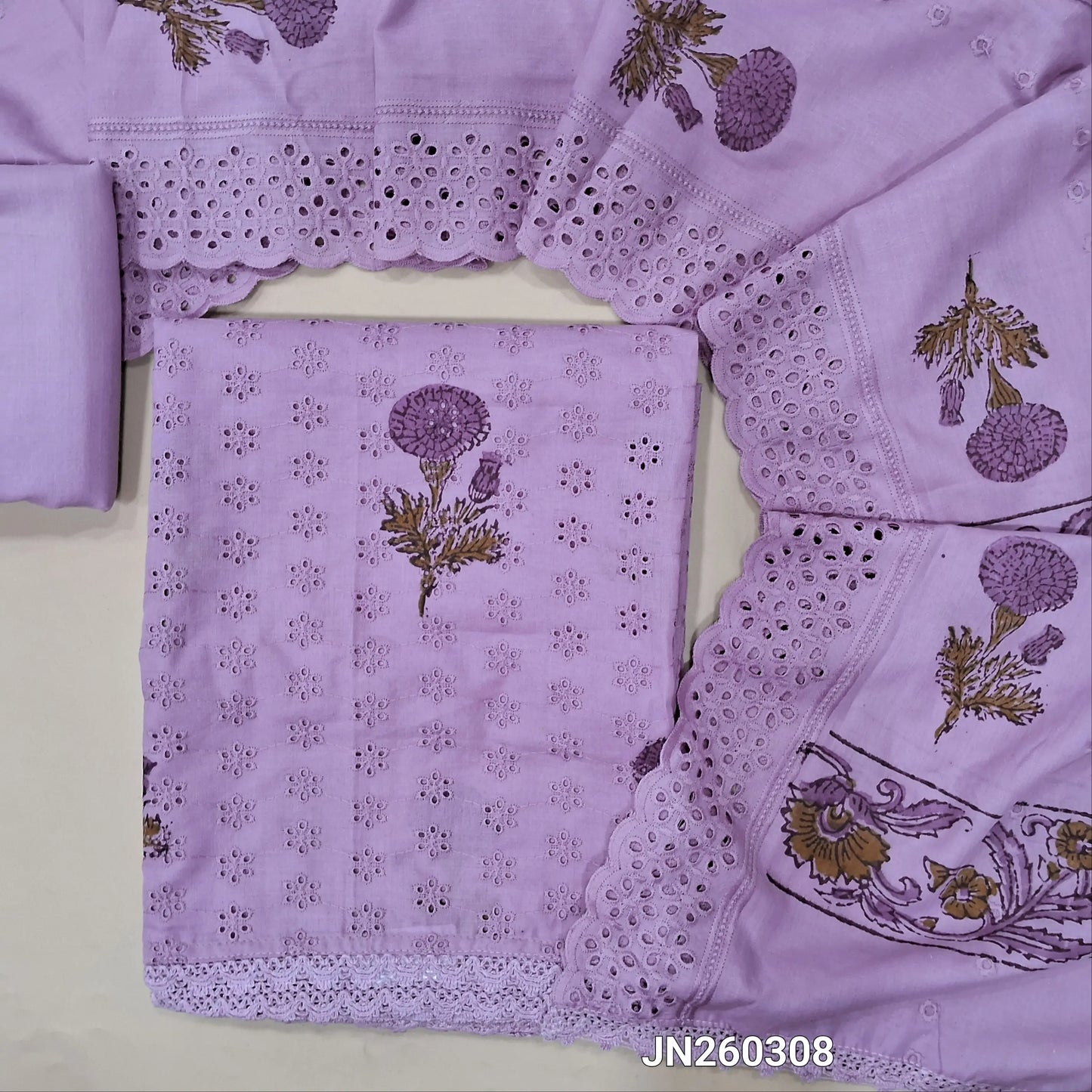 Lavender shade schiffli embroidered soft glazed cotton unstitched salwar material(lining needed) block prints,cut work & self embroidery work on front, cotton bottom,block printed & schiffli embroidered mul cotton dupatta with scallop borders. JN260308
