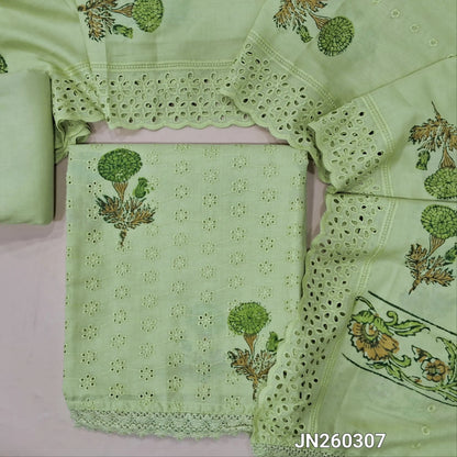 Sage green schiffli embroidered soft glazed cotton unstitched salwar material(lining needed) block prints,cut work & self embroidery work on front, cotton bottom,block printed & schiffli embroidered mul cotton dupatta with scallop borders. JN260307