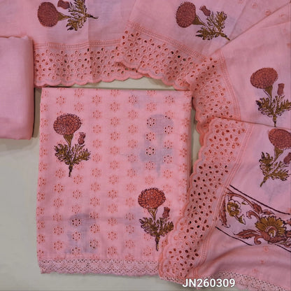 Bright pink schiffli embroidered soft glazed cotton unstitched salwar material(lining needed) block prints,cut work & self embroidery work on front, cotton bottom,block printed & schiffli embroidered mul cotton dupatta with scallop borders. JN260309