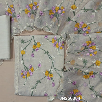 Designer light beige premium tissue kota unstitched salwar material (lining needed) rich embroidery & panel design on front,gold zari checked all over, silk cotton bottom, rich thread embroidery work on tissue kota dupatta with tassels. JN260304