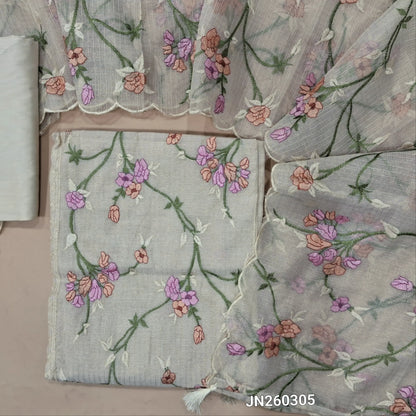 Designer light beige premium tissue kota unstitched salwar material (lining needed) rich embroidery & panel design on front,gold zari checked all over, silk cotton bottom, rich thread embroidery work on tissue kota dupatta with tassels. JN260305