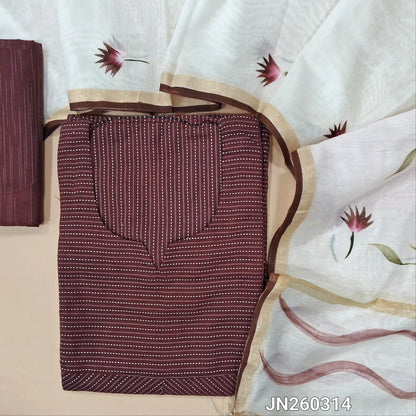Dark wine purple soft kantha cotton unstitched salwar material,round notch neck,kantha stitch work all over,(Lining optional)soft cotton bottom,brush paint work on silk cotton dupatta with gold tissue borders. JN260314