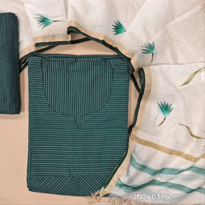 Teal blue soft kantha cotton unstitched salwar material,round notch neck,kantha stitch work all over,(Lining optional)soft cotton bottom,brush paint work on silk cotton dupatta with gold tissue borders. JN260316