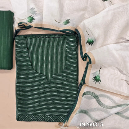 Dark green soft kantha cotton unstitched salwar material,round notch neck,kantha stitch work all over,(Lining optional)soft cotton bottom,brush paint work on silk cotton dupatta with gold tissue borders. JN260315
