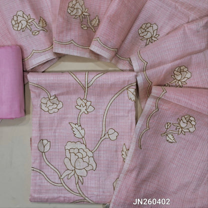 Designer pastel pink tissue kota unstitched salwar material (soft,lining needed) rich embroidery work on front,matching silk cotton bottom, floral embroidery work on tissue kota dupatta with scallop borders.JN260402