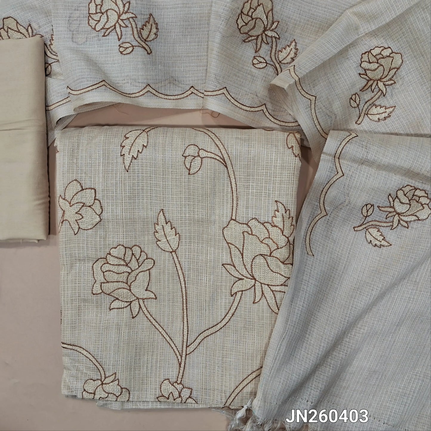 Designer rich beige tissue kota unstitched salwar material (soft,lining needed) rich embroidery work on front,matching silk cotton bottom, floral embroidery work on tissue kota dupatta with scallop borders.JN260403