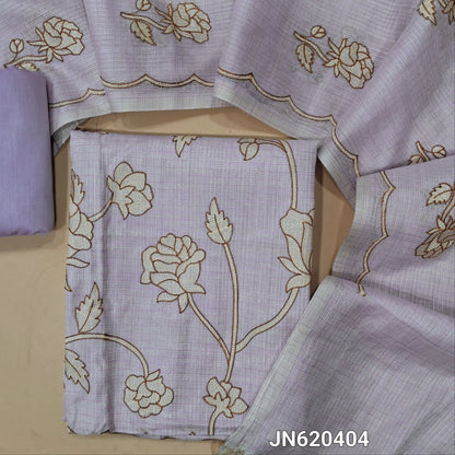 Designer lavender shade tissue kota unstitched salwar material (soft,lining needed) rich embroidery work on front,matching silk cotton bottom, floral embroidery work on tissue kota dupatta with scallop borders.JN260404