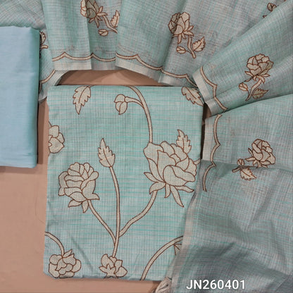 Designer pastel blue tissue kota unstitched salwar material (soft,lining needed) rich embroidery work on front,matching silk cotton bottom, floral embroidery work on tissue kota dupatta with scallop borders.JN260401