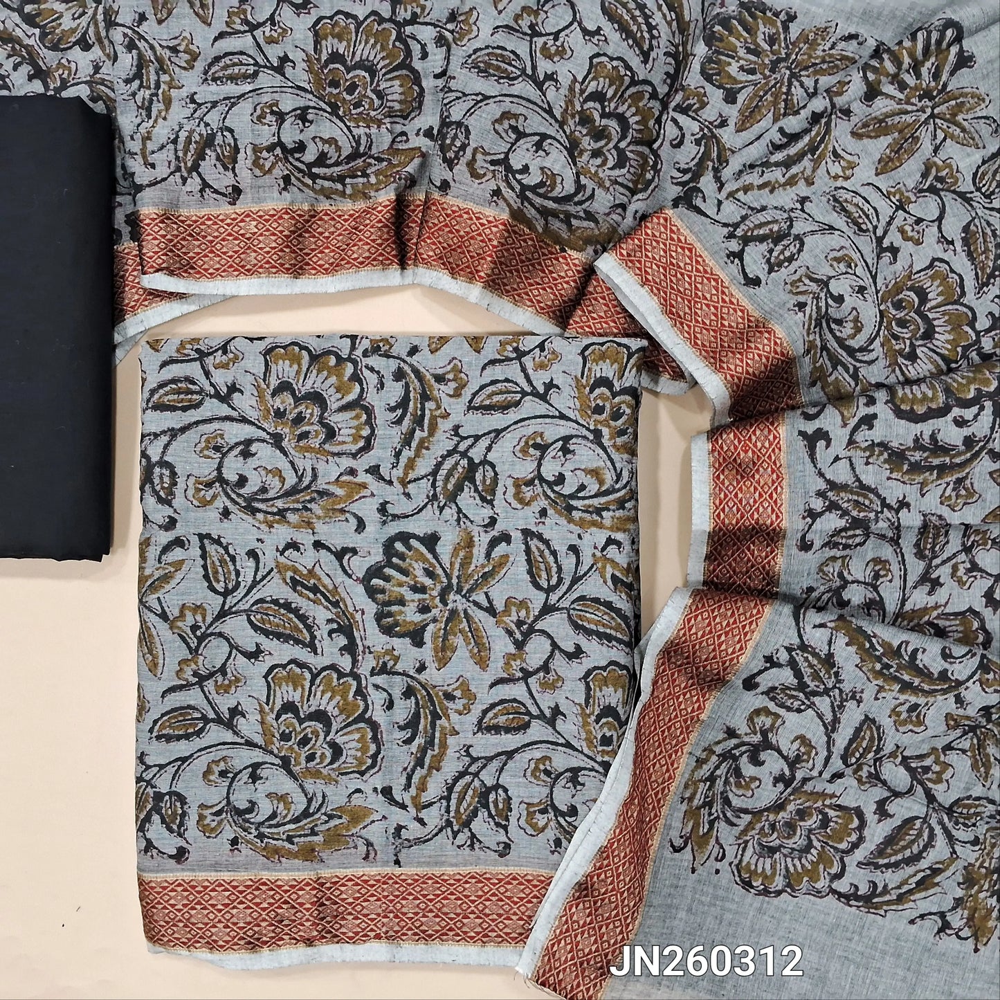 Light grey hand block printed pure cotton unstitched salwar material, thread &zari woven borders(lining needed)black cotton bottom,block printed full length pure cotton dupatta with thread woven borders. JN260312