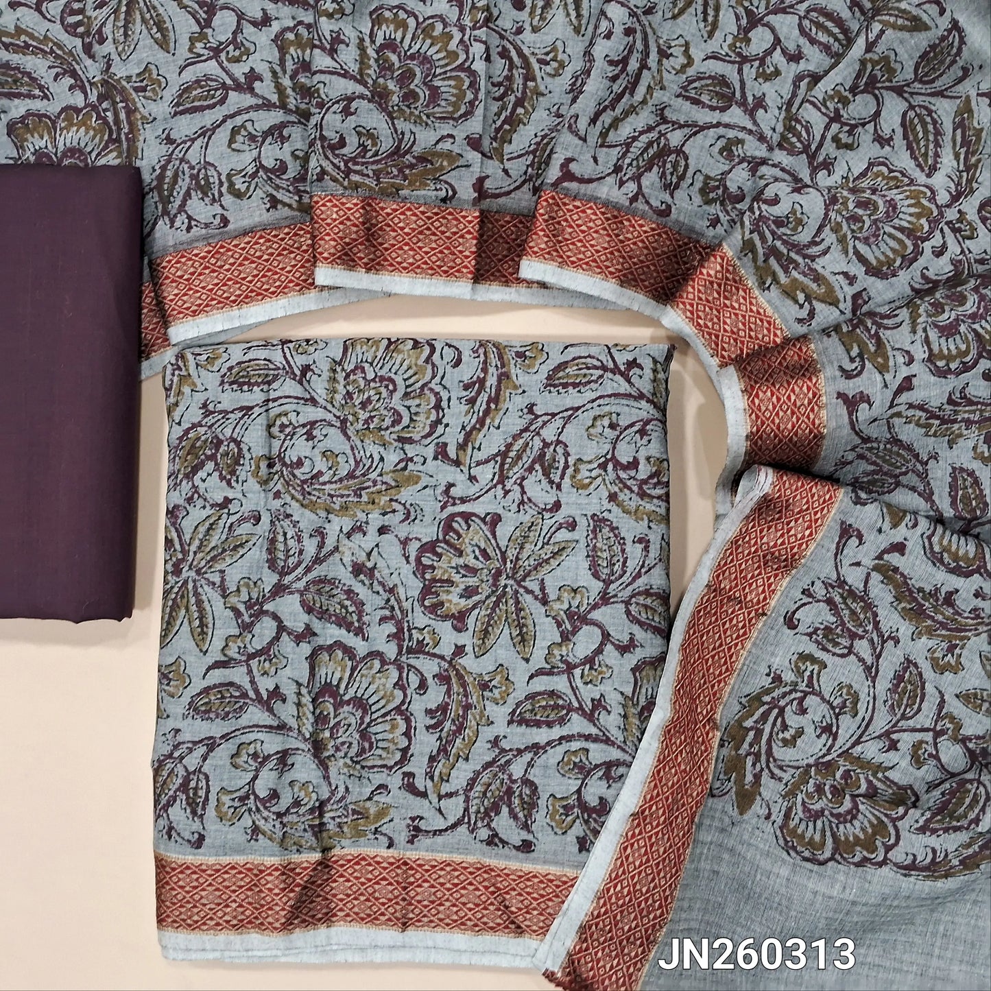 Light grey hand block printed pure cotton unstitched salwar material, thread &zari woven borders(lining needed) dark maroon cotton bottom,block printed full length pure cotton dupatta with thread woven borders. JN260313