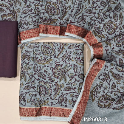 Light grey hand block printed pure cotton unstitched salwar material, thread &zari woven borders(lining needed) dark maroon cotton bottom,block printed full length pure cotton dupatta with thread woven borders. JN260313