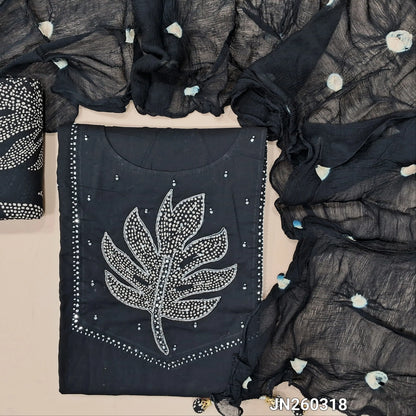 Designer black premium soft cotton unstitched salwar material (lining needed) applique patch work with zardozi,bead & faux mirror work on yoke, printed cotton bottom, dye and dyed pure chiffon short width dupatta. JN260318