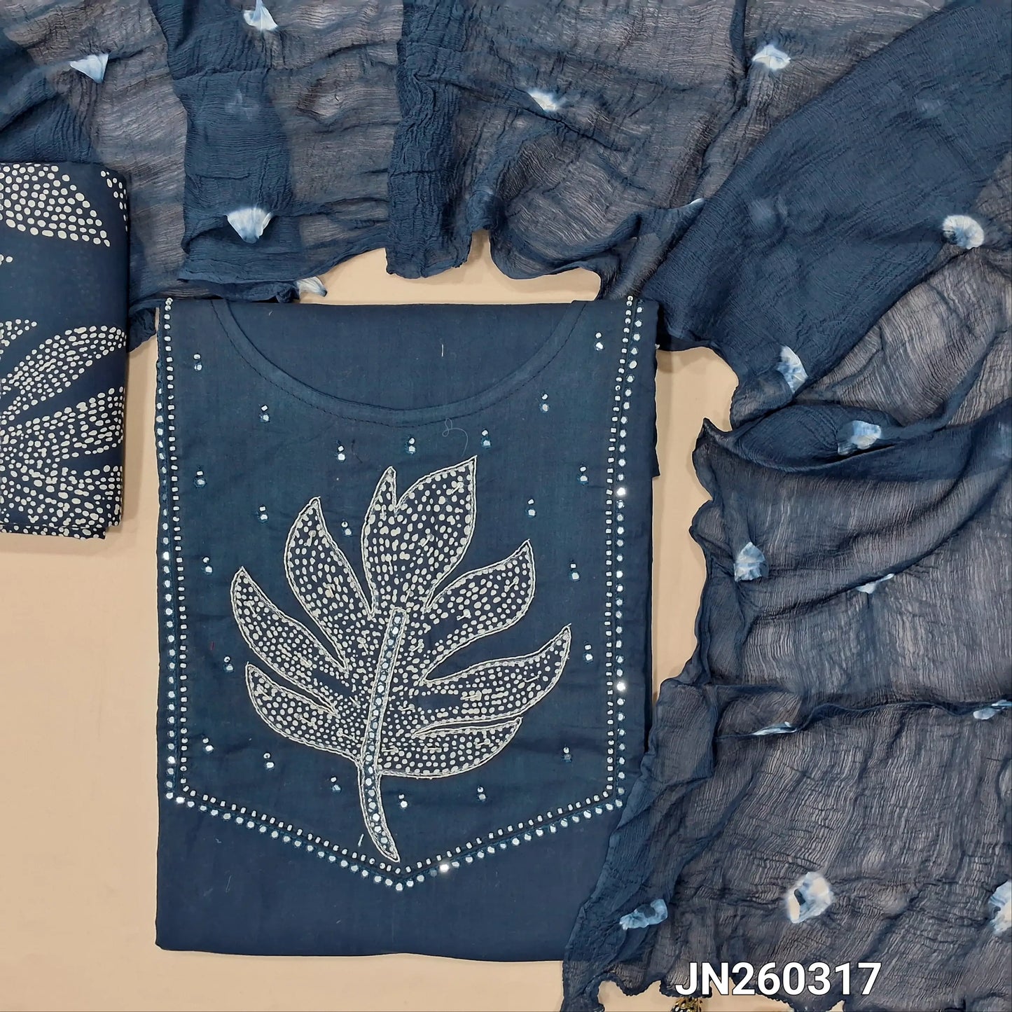 Designer dark blue premium soft cotton unstitched salwar material (lining needed) applique patch work with zardozi,bead & faux mirror work on yoke, printed cotton bottom, dye and dyed pure chiffon short width dupatta. JN260317