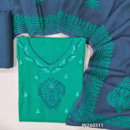 Teal blue premium soft handloom cotton unstitched salwar material (lining optional)thread embroidery &block print work on yoke, vertical design all over, dark blue cotton bottom,hand block printed with mul cotton dupatta. JN260311