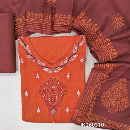 Rust orange premium soft handloom cotton unstitched salwar material (lining optional)thread embroidery &block print work on yoke, vertical design all over,maroon cotton bottom,hand block printed with mul cotton dupatta. JN260310